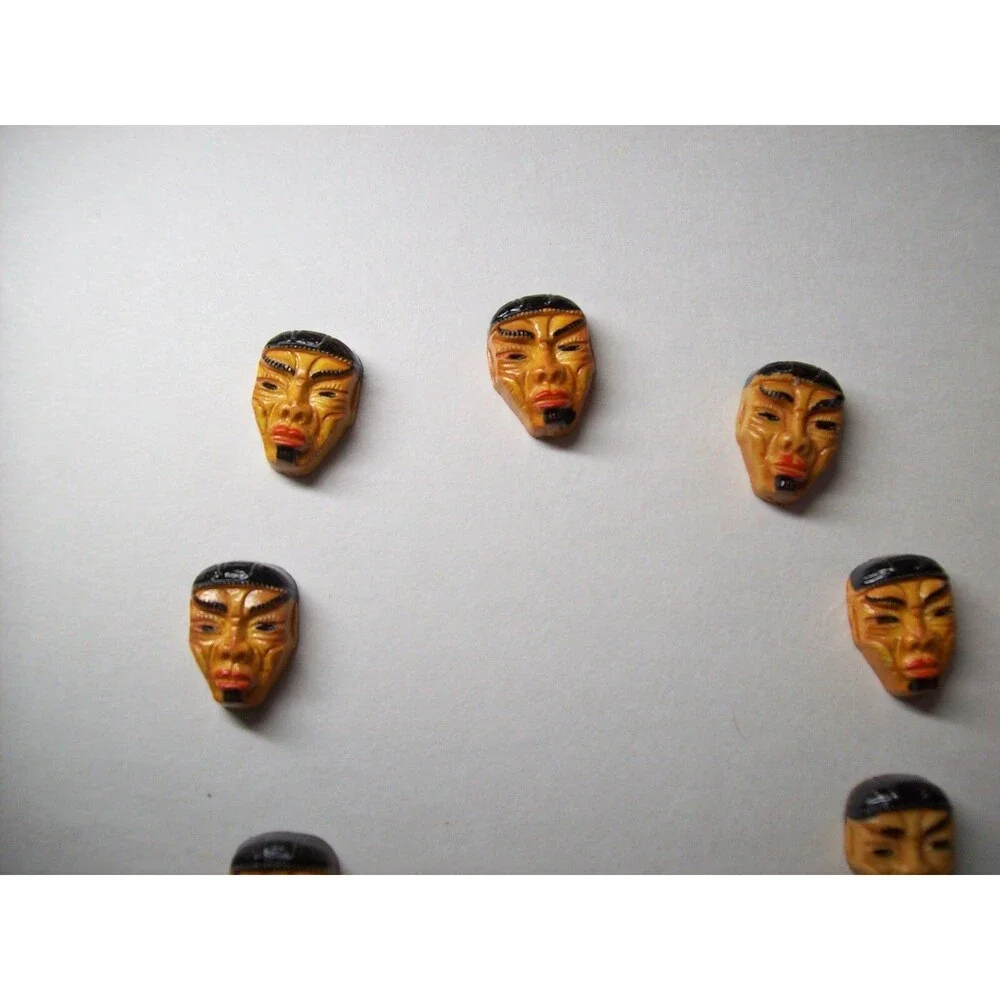 Lot Of 10 Vintage 1960s Weird Tribal Face Masks Resin Coated Cabochon NOS Crafts